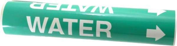 Made in USA - Pipe Marker with Water Legend and Arrow Graphic - 2-1/2 to 3-1/4" Pipe Outside Diam, White on Green - Eagle Tool & Supply