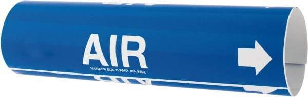 Made in USA - Pipe Marker with Air Legend and Arrow Graphic - 3-3/8 to 4-1/2" Pipe Outside Diam, White on Blue - Eagle Tool & Supply