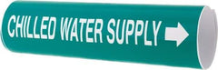 Made in USA - Pipe Marker with Chilled Water Supply Legend and Arrow Graphic - 3-3/8 to 4-1/2" Pipe Outside Diam, White on Green - Eagle Tool & Supply