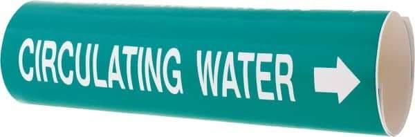 Made in USA - Pipe Marker with Circulating Water Legend and Arrow Graphic - 3-3/8 to 4-1/2" Pipe Outside Diam, White on Green - Eagle Tool & Supply