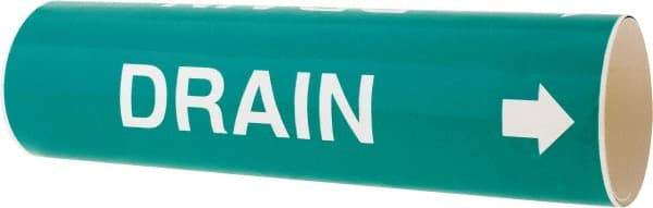 Made in USA - Pipe Marker with Drain Legend and Arrow Graphic - 3-3/8 to 4-1/2" Pipe Outside Diam, White on Green - Eagle Tool & Supply