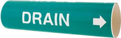 Made in USA - Pipe Marker with Drain Legend and Arrow Graphic - 3-3/8 to 4-1/2" Pipe Outside Diam, White on Green - Eagle Tool & Supply