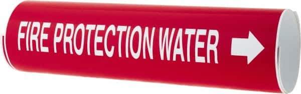 Made in USA - Pipe Marker with Fire Protection Water Legend and Arrow Graphic - 3-3/8 to 4-1/2" Pipe Outside Diam, White on Red - Eagle Tool & Supply