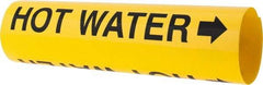 Made in USA - Pipe Marker with Hot Water Legend and Arrow Graphic - 3-3/8 to 4-1/2" Pipe Outside Diam, Black on Yellow - Eagle Tool & Supply