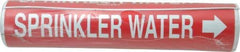Made in USA - Pipe Marker with Water Sprinkler Legend and Arrow Graphic - 3-3/8 to 4-1/2" Pipe Outside Diam, White on Red - Eagle Tool & Supply