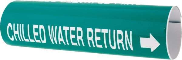 Made in USA - Pipe Marker with Chilled Water Return Legend and Arrow Graphic - 4-5/8 to 5-7/8" Pipe Outside Diam, White on Green - Eagle Tool & Supply