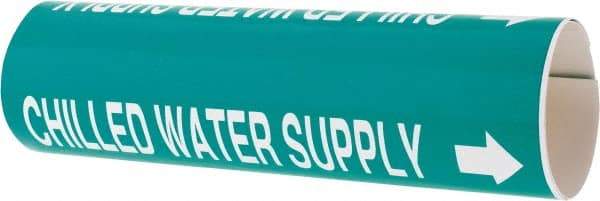 Made in USA - Pipe Marker with Chilled Water Supply Legend and Arrow Graphic - 4-5/8 to 5-7/8" Pipe Outside Diam, White on Green - Eagle Tool & Supply
