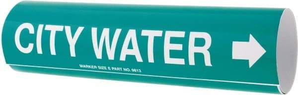 Made in USA - Pipe Marker with City Water Legend and Arrow Graphic - 4-5/8 to 5-7/8" Pipe Outside Diam, White on Green - Eagle Tool & Supply