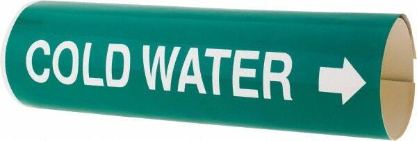 Made in USA - Pipe Marker with Cold Water Legend and Arrow Graphic - 4-5/8 to 5-7/8" Pipe Outside Diam, White on Green - Eagle Tool & Supply