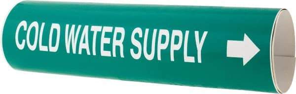 Made in USA - Pipe Marker with Cold Water Supply Legend and Arrow Graphic - 4-5/8 to 5-7/8" Pipe Outside Diam, White on Green - Eagle Tool & Supply
