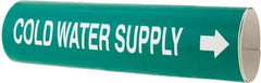 Made in USA - Pipe Marker with Cold Water Supply Legend and Arrow Graphic - 4-5/8 to 5-7/8" Pipe Outside Diam, White on Green - Eagle Tool & Supply