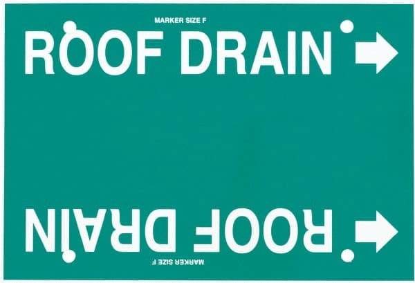Made in USA - Pipe Marker with Roof Drain Legend and Arrow Graphic - 6 to 8" Pipe Outside Diam, White on Green - Eagle Tool & Supply