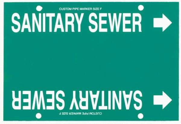 Made in USA - Pipe Marker with Sanitary Sewer Legend and Arrow Graphic - 6 to 8" Pipe Outside Diam, White on Green - Eagle Tool & Supply