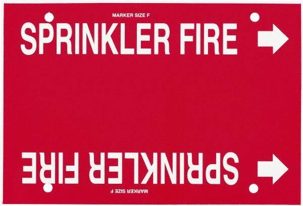 Made in USA - Pipe Marker with Fire Sprinkler Legend and Arrow Graphic - 6 to 8" Pipe Outside Diam, White on Red - Eagle Tool & Supply