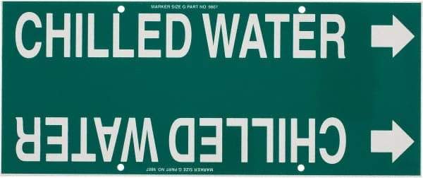 Made in USA - Pipe Marker with Chilled Water Legend and Arrow Graphic - 8 to 10" Pipe Outside Diam, White on Green - Eagle Tool & Supply