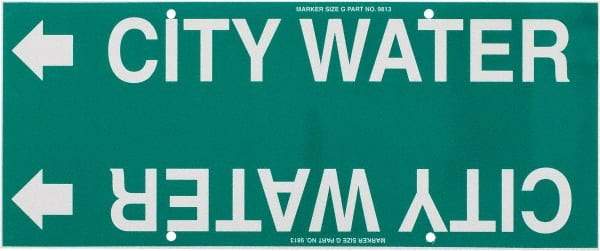 Made in USA - Pipe Marker with City Water Legend and Arrow Graphic - 8 to 10" Pipe Outside Diam, White on Green - Eagle Tool & Supply