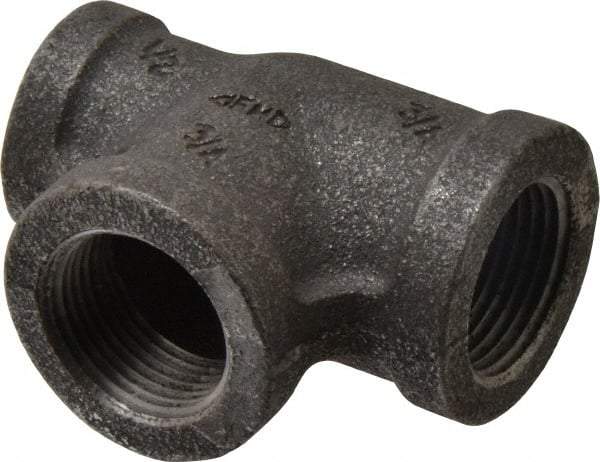 Made in USA - Size 3/4 x 1/2 x 3/4", Class 150, Malleable Iron Black Pipe Reducing Tee - 150 psi, Threaded End Connection - Eagle Tool & Supply