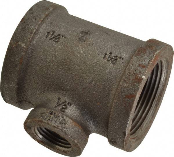 Made in USA - Size 1-1/4 x 1-1/4 x 1/2", Class 150, Malleable Iron Black Pipe Reducing Tee - 150 psi, Threaded End Connection - Eagle Tool & Supply