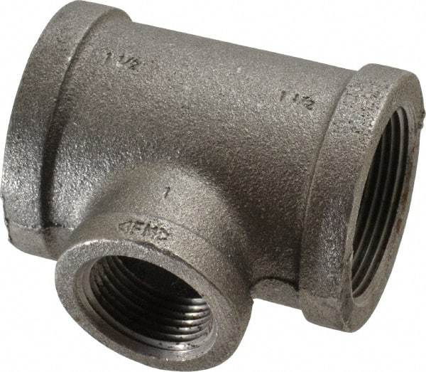 Made in USA - Size 1-1/2 x 1-1/2 x 1", Class 150, Malleable Iron Black Pipe Reducing Tee - 150 psi, Threaded End Connection - Eagle Tool & Supply