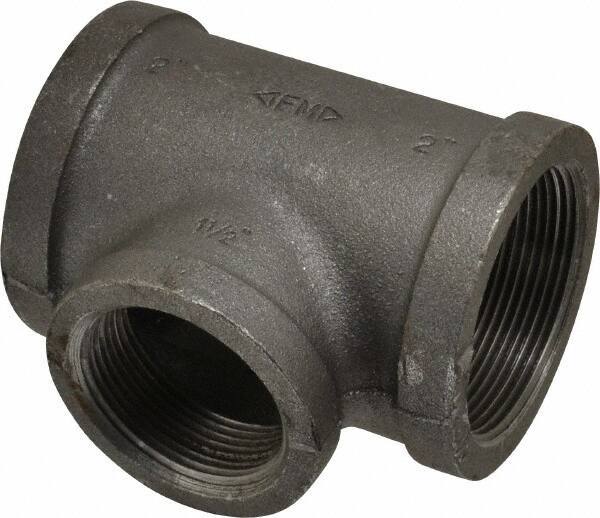Made in USA - Size 2 x 2 x 1-1/2", Class 150, Malleable Iron Black Pipe Reducing Tee - 150 psi, Threaded End Connection - Eagle Tool & Supply