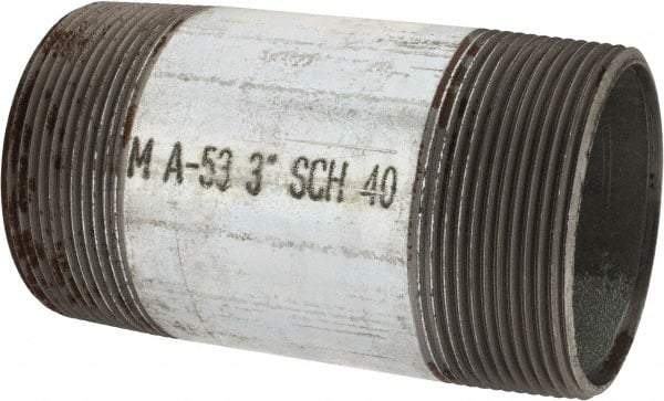 Made in USA - Schedule 40, 3 x 6" Galvanized Pipe Nipple - Threaded Steel - Eagle Tool & Supply