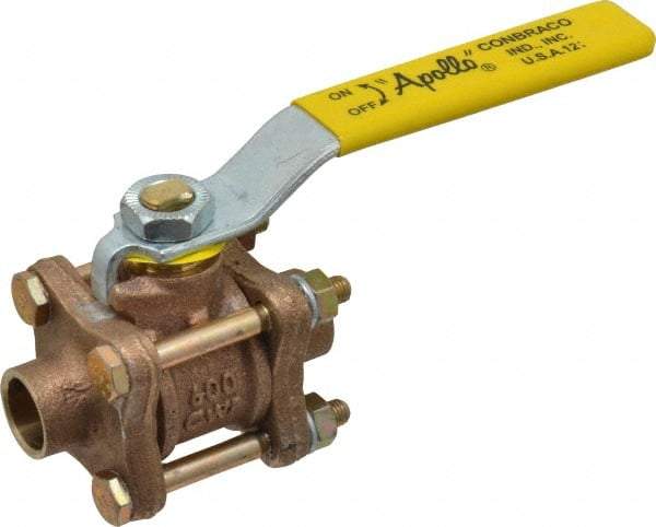 Apollo - 1/2" Pipe, Full Port, Bronze Standard Ball Valve - 3 Piece, Inline - One Way Flow, Soldered x Soldered Ends, Lever Handle, 600 WOG, 150 WSP - Eagle Tool & Supply