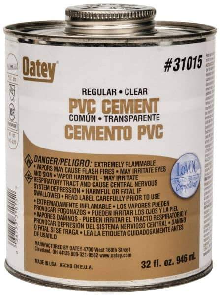 Oatey - 32 oz Regular Bodied Cement - Clear, Use with Schedule 40 PVC up to 4" Diam & Schedule 80 PVC up to 2" Diam - Eagle Tool & Supply