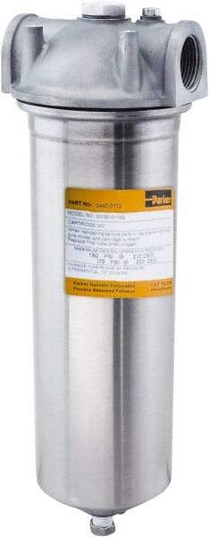 Parker - 1 Inch Pipe, FNPT End Connections, 20 Inch Long Cartridge, 23-1/8 Inch Long, Cartridge Filter Housing with Pressure Relief - 1 Cartridge, 10 Max GPM Flow Rate, 150 psi Max Working Pressure, 316 Grade - Eagle Tool & Supply