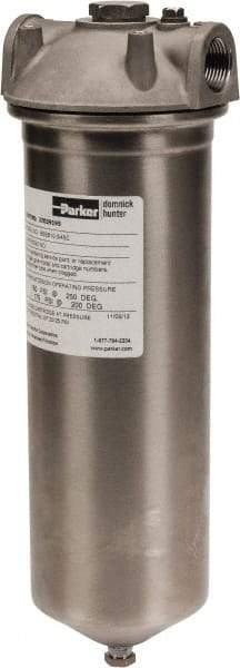 Parker - 3/4 Inch Pipe, FNPT End Connections, 10 Inch Long Cartridge, 12-3/4 Inch Long, Cartridge Filter Housing with Pressure Relief - 1 Cartridge, 5 Max GPM Flow Rate, 150 psi Max Working Pressure, 316 Grade - Eagle Tool & Supply