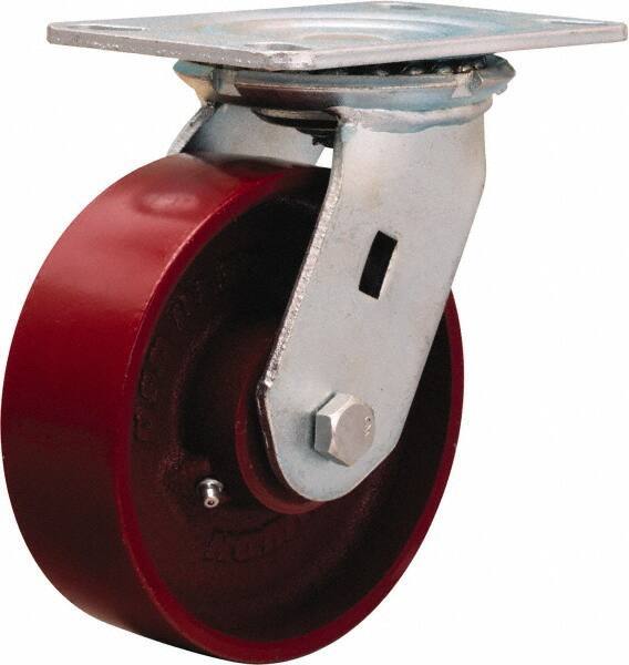 Hamilton - 6" Diam x 2" Wide x 7-1/2" OAH Top Plate Mount Swivel Caster - Cast Iron, 1,400 Lb Capacity, Precision Ball Bearing, 4-1/2 x 6-1/4" Plate - Eagle Tool & Supply