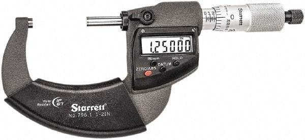 Starrett - 1 to 2" Range, Standard Throat IP67 Electronic Outside Micrometer - Ratchet Stop Thimble, Carbide Face, CR2032 Battery - Eagle Tool & Supply