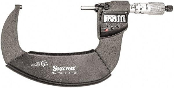 Starrett - Standard Throat IP67 Electronic Outside Micrometer - Ratchet Stop Thimble, Carbide Face, CR2032 Battery - Eagle Tool & Supply