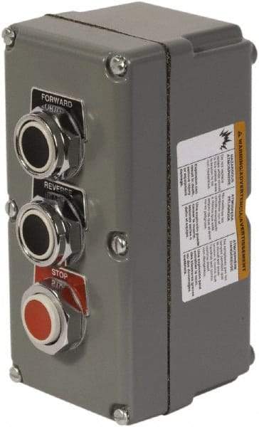 Schneider Electric - 3 Operator, Projecting Pushbutton Control Station - Forward, Reverse, Stop (Legend), Momentary Switch, 3NO/3NC Contact, NEMA 13, 3, 4 - Eagle Tool & Supply