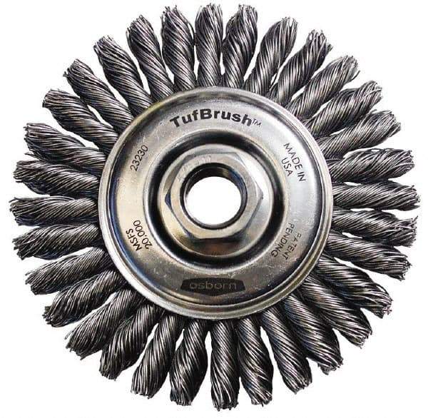 Osborn - 4-1/8" OD, 5/8-11 Arbor Hole, Stringer Bead Steel Wheel Brush - 3/16" Face Width, 7/8" Trim Length, 0.02" Filament Diam, 20,000 RPM - Eagle Tool & Supply