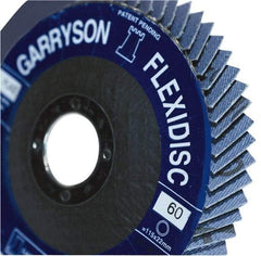 Garryson - 60 Grit, 4-1/2" Disc Diam, 7/8" Center Hole, Zirconia Alumina Flap Disc - 13,300 Max RPM, Fiberglass Backing, Arbor Attaching System, Coated - Eagle Tool & Supply