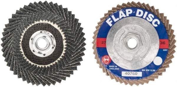 Garryson - 36 Grit, 4-1/2" Disc Diam, 5/8-11 Center Hole, Zirconia Alumina Flap Disc - 13,300 Max RPM, Fiberglass Backing, Arbor Attaching System, Coated - Eagle Tool & Supply