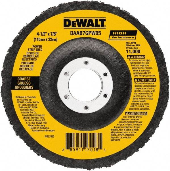 DeWALT - 100 Grit, 4-1/2" Disc Diam, 7/8" Center Hole, Type 27 Aluminum Oxide Flap Disc - 13,300 Max RPM, Fiberglass Backing, Arbor Attaching System, Non-Woven - Eagle Tool & Supply