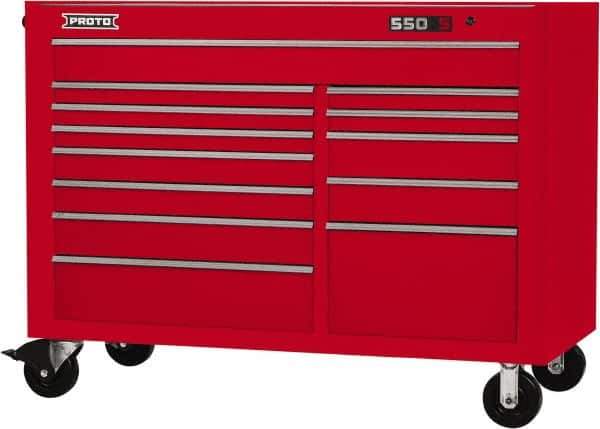 Proto - 28,291 Lb Capacity, 13 Drawer Mobile Workstation - 57" Wide x 25-1/4" Deep x 43" High, Steel, Red - Eagle Tool & Supply