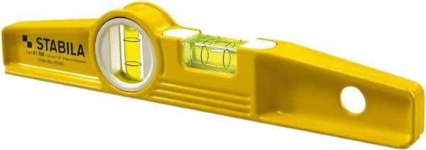 Stabila - 10" Long 2 Vial Torpedo Level - Die Cast, Yellow, 1 Plumb & 1 Level Vial - Eagle Tool & Supply