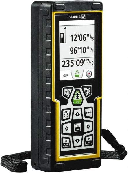Stabila - 660' Range, Laser Distance Finder - 2 AA Batteries Required, Accurate to 1/16" - Eagle Tool & Supply