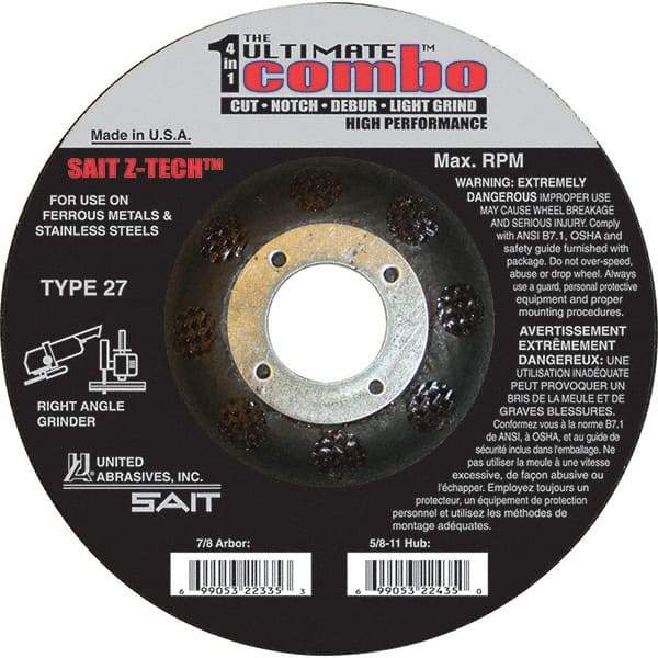 Sait - 4-1/2" Wheel Diam, 7/8" Arbor Hole, Type 27 Depressed Center Wheel - Extra Coarse Grade, Zirconia Alumina, S Hardness, 13,300 Max RPM - Eagle Tool & Supply