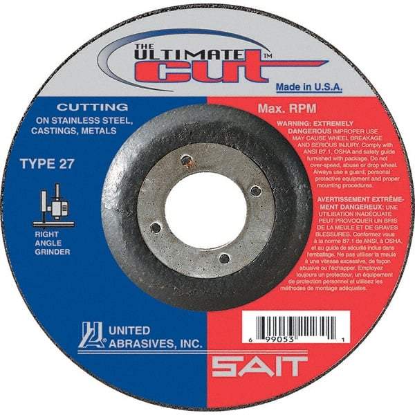 Sait - 5" Wheel Diam, 7/8" Arbor Hole, Type 27 Depressed Center Wheel - Extra Coarse Grade, Zirconia Alumina, S Hardness, 12,200 Max RPM - Eagle Tool & Supply