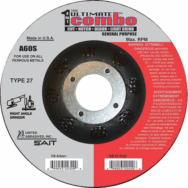 Sait - 60 Grit, 4-1/2" Wheel Diam, 7/8" Arbor Hole, Type 27 Depressed Center Wheel - Extra Coarse Grade, Aluminum Oxide, S Hardness, 13,300 Max RPM - Eagle Tool & Supply