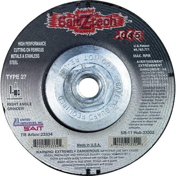 Sait - 5" Wheel Diam, Type 27 Depressed Center Wheel - Extra Coarse Grade, Zirconia Alumina, S Hardness, 12,200 Max RPM - Eagle Tool & Supply
