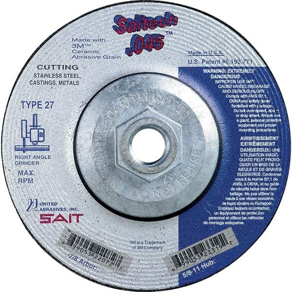 Sait - 5" Wheel Diam, Type 27 Depressed Center Wheel - Extra Coarse Grade, Ceramic, S Hardness, 12,200 Max RPM - Eagle Tool & Supply