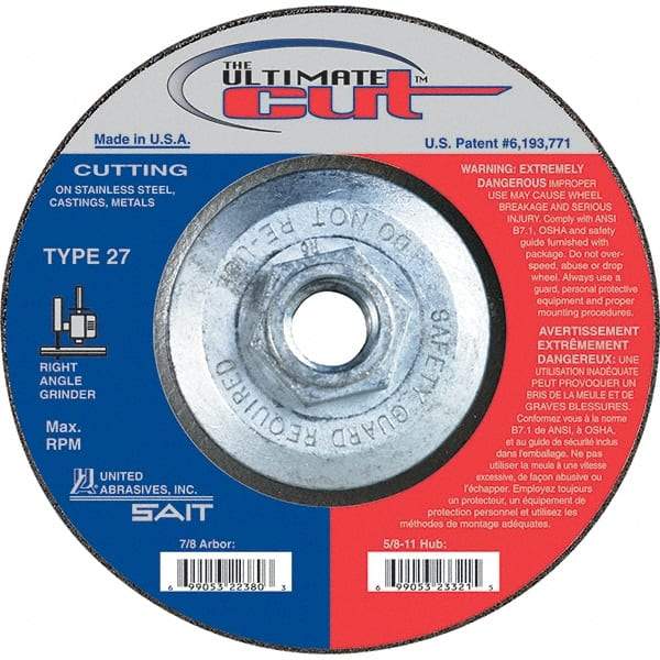 Sait - 5" Wheel Diam, Type 27 Depressed Center Wheel - Extra Coarse Grade, Zirconia Alumina, S Hardness, 12,200 Max RPM - Eagle Tool & Supply