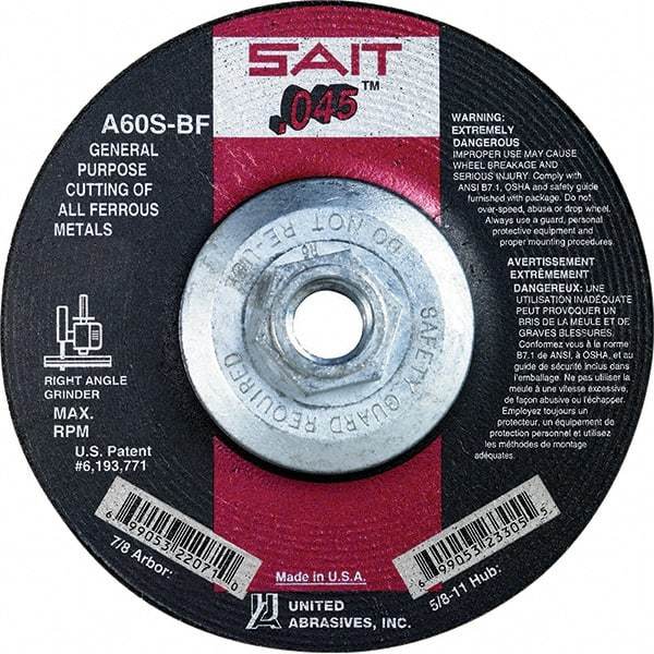 Sait - 60 Grit, 4-1/2" Wheel Diam, Type 27 Depressed Center Wheel - Extra Coarse Grade, Aluminum Oxide, S Hardness, 13,300 Max RPM - Eagle Tool & Supply