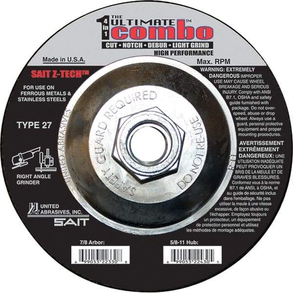 Sait - 4-1/2" Wheel Diam, Type 27 Depressed Center Wheel - Extra Coarse Grade, Zirconia Alumina, S Hardness, 13,300 Max RPM - Eagle Tool & Supply