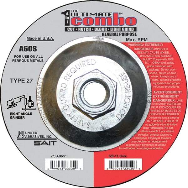 Sait - 60 Grit, 4-1/2" Wheel Diam, Type 27 Depressed Center Wheel - Extra Coarse Grade, Aluminum Oxide, S Hardness, 13,300 Max RPM - Eagle Tool & Supply