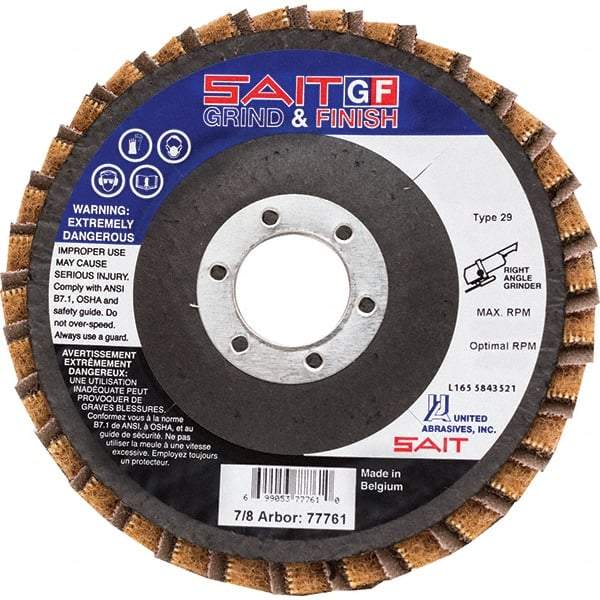 Sait - 40 Grit, 5" Disc Diam, 7/8" Center Hole, Type 29 Ceramic Flap Disc - 12,200 Max RPM, Fiberglass Backing, Arbor Attaching System, Coated & Non-Woven Combo - Eagle Tool & Supply
